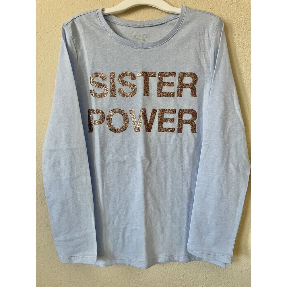 Blue Pewter Glitter Sparkle Sister Power Long Sleeve Top Size M 7/8